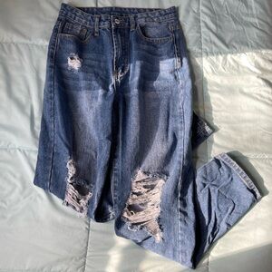 Shein Medium wash high waisted ripped straight leg jeans